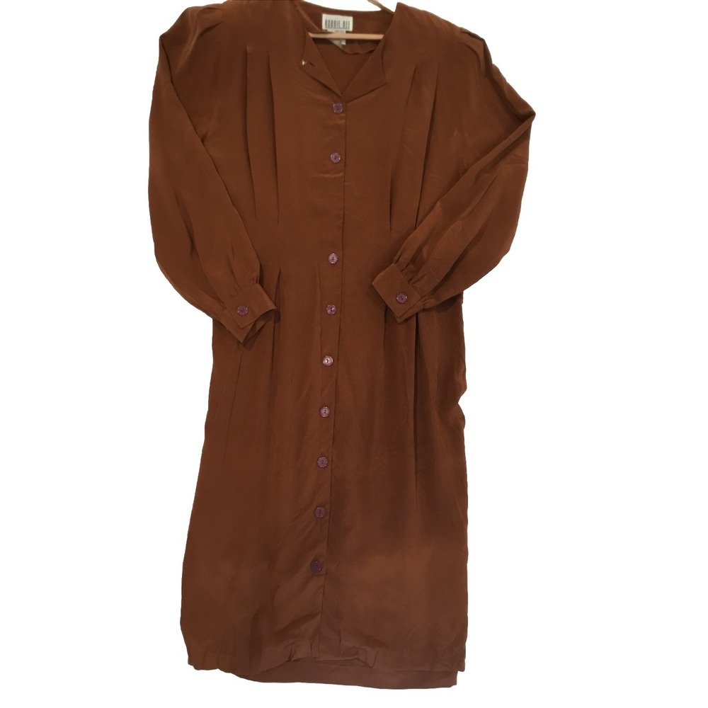 Robbie Bee Shirt Dress 14 Brown 100% Silk Pleated Long Sleeve Veg